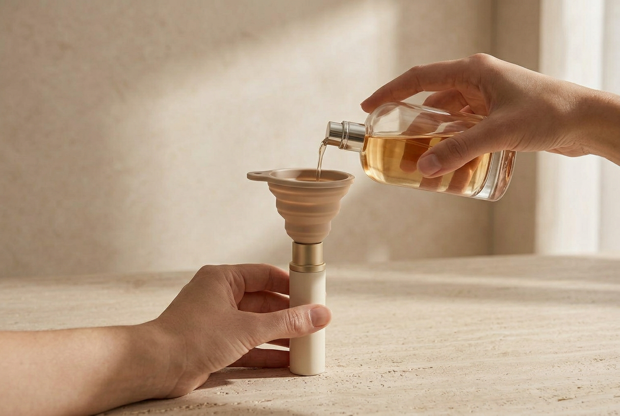 Refilling through the collapsible funnel